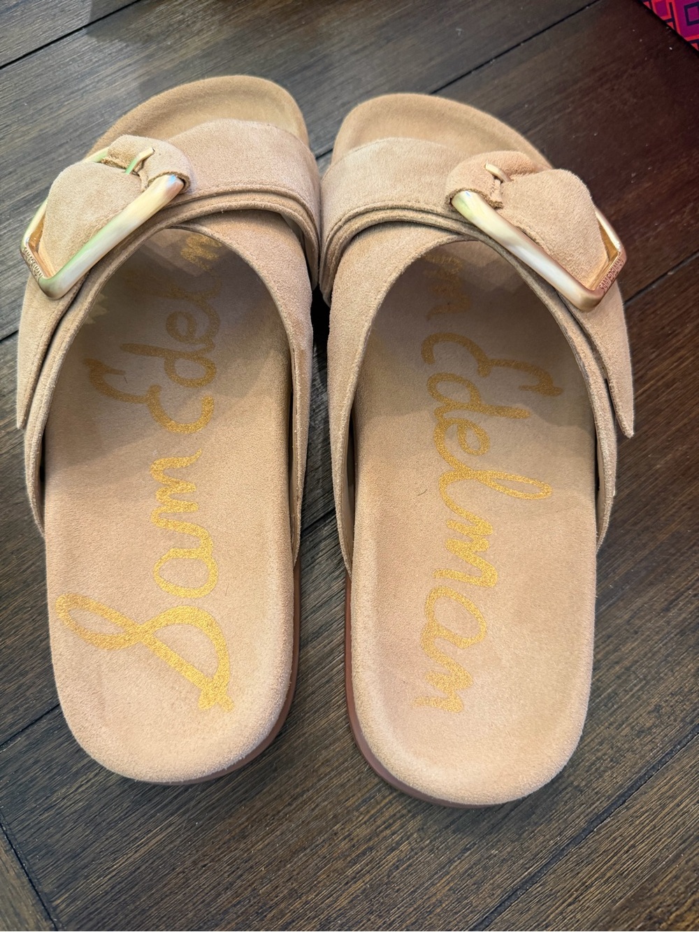 NIB Sam Edelman Darla Tan Suede Slide Sandals with Gold Buckle SZ 8.5 - Picture 6 of 9